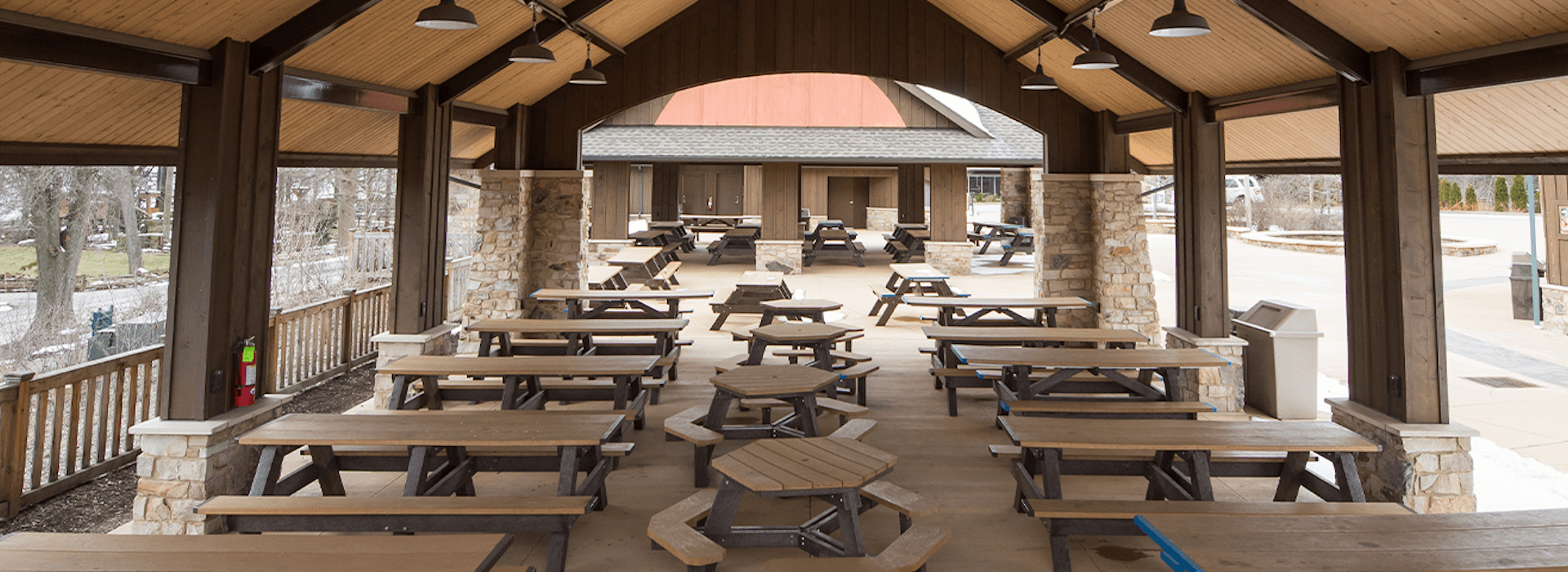 Pavilions with picnic tables and chairs