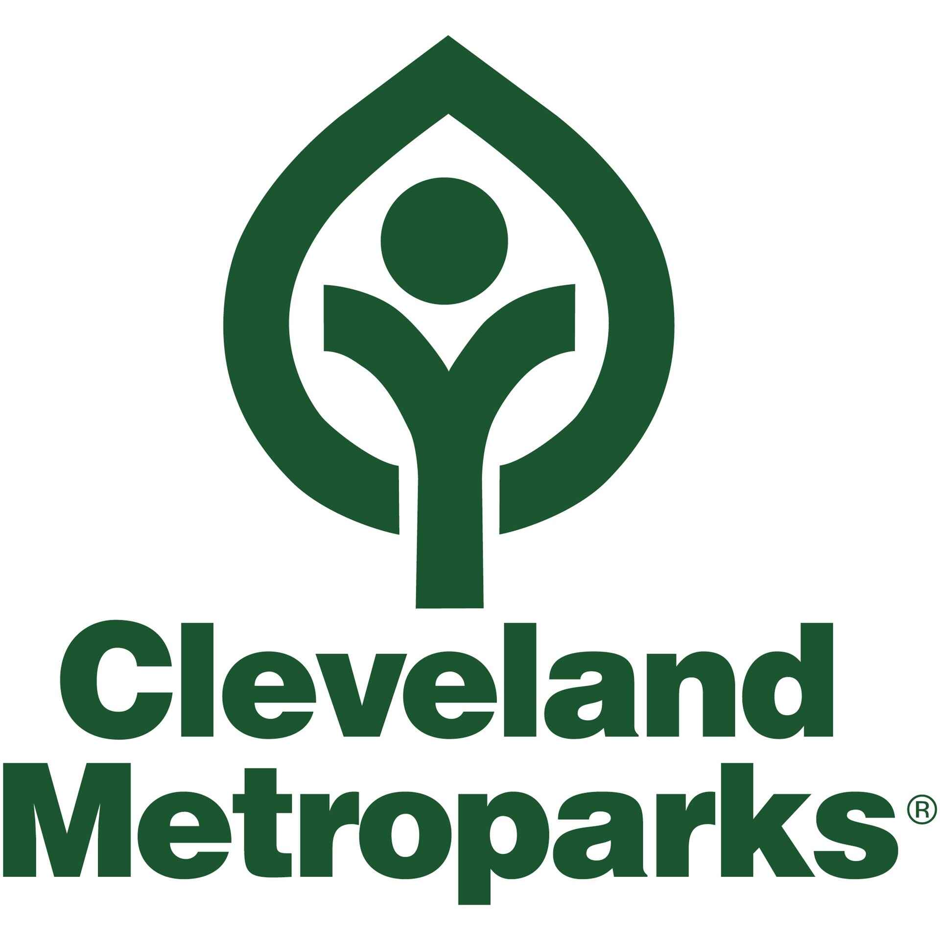 A green and white logo for cleveland metroparks