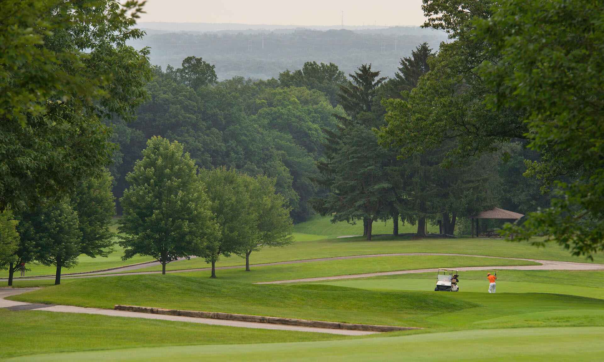 A man swinging a golf club on a golf course