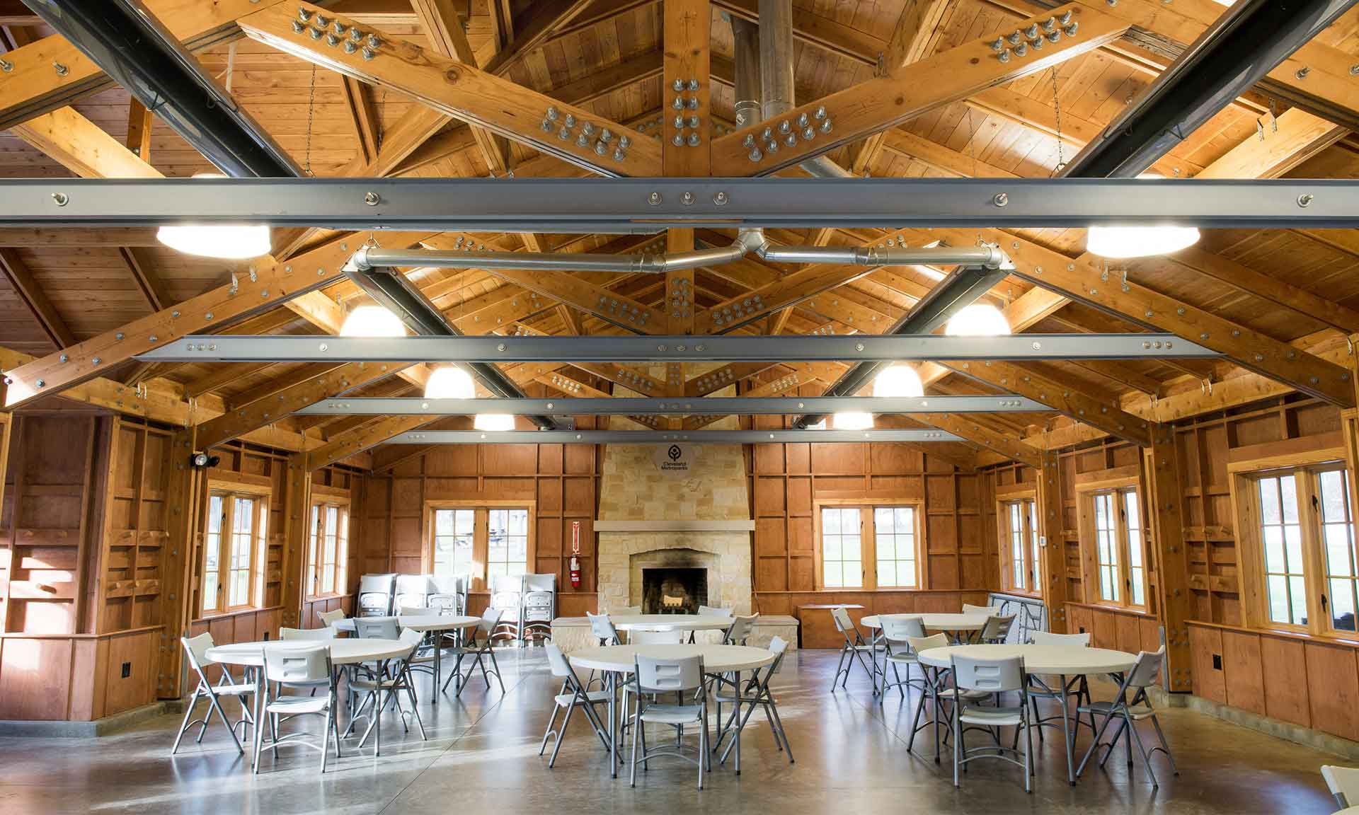 Inside of the shelter with tables